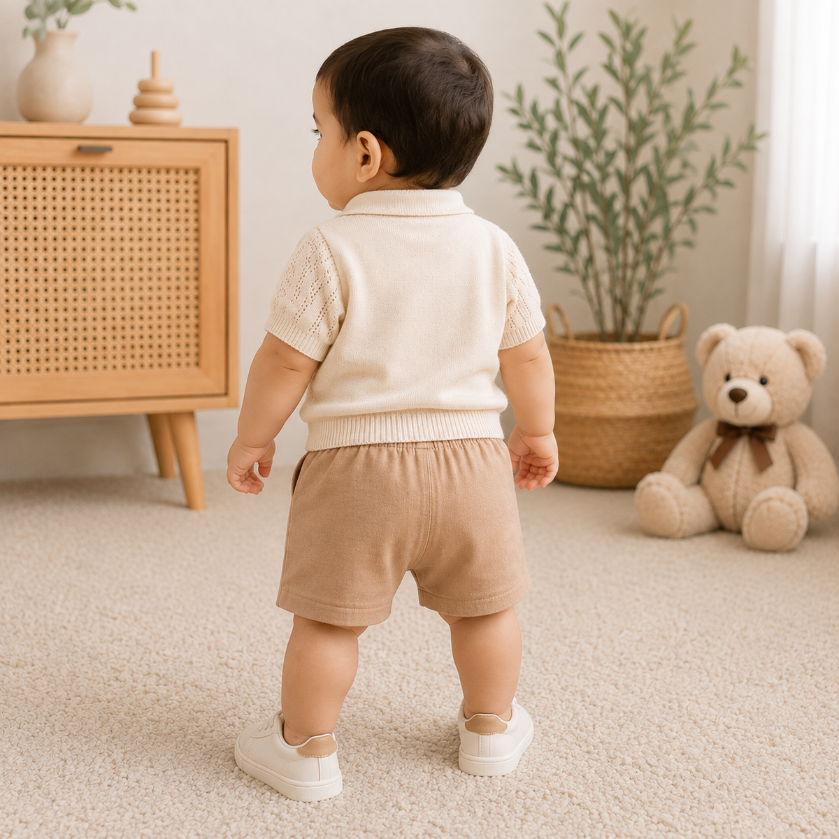 TOFFY HOUSE baby boy wearing off white knit collar shirt and shorts set back view