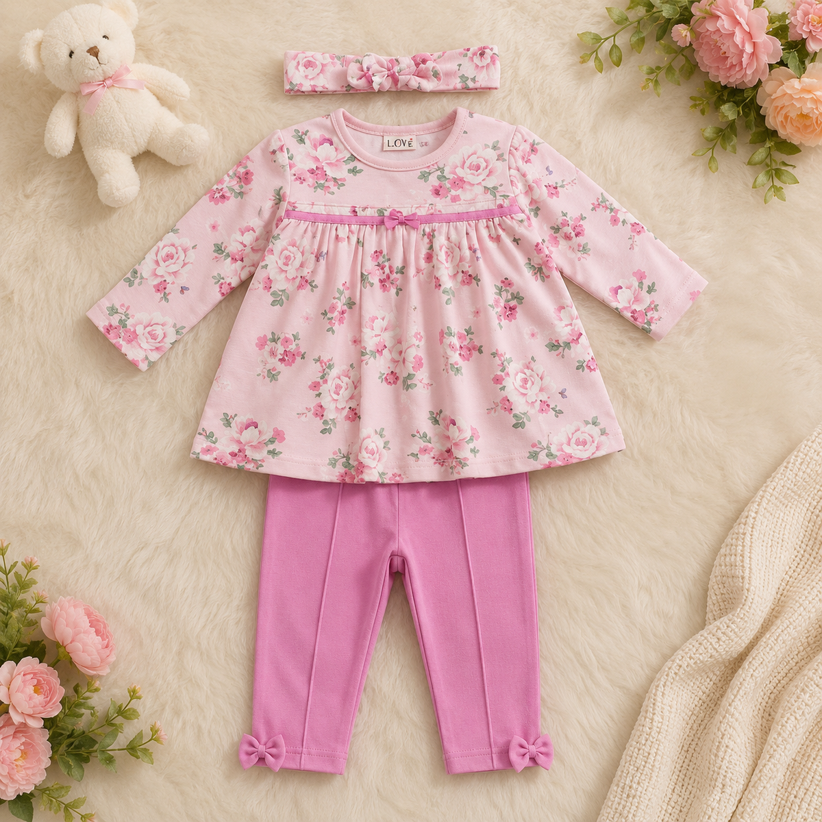 Toffy House light pink floral baby girl 3 piece set flat lay with floral top leggings and matching headband