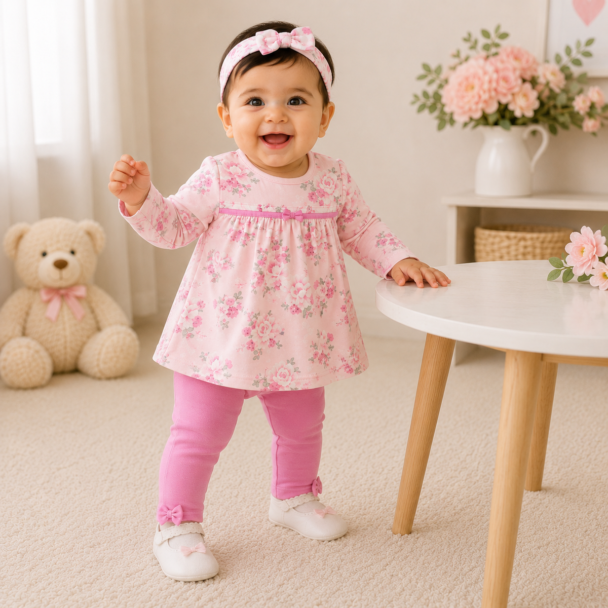 Toffy House light pink floral baby girl outfit with full sleeve top pink leggings and floral headband