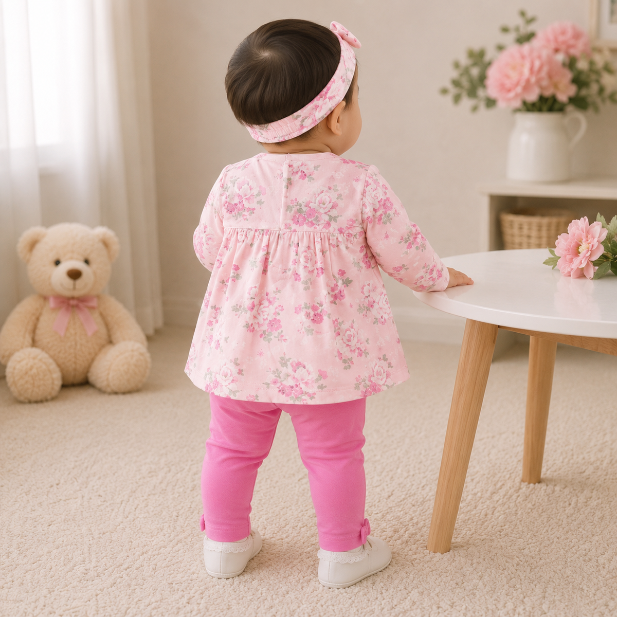 Toffy House baby girl floral top and pink leggings back view with matching floral headband