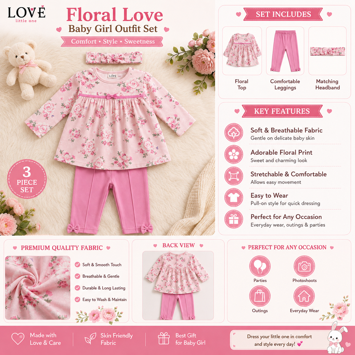 Toffy House light pink floral 3 piece baby girl outfit set with top leggings and matching headband