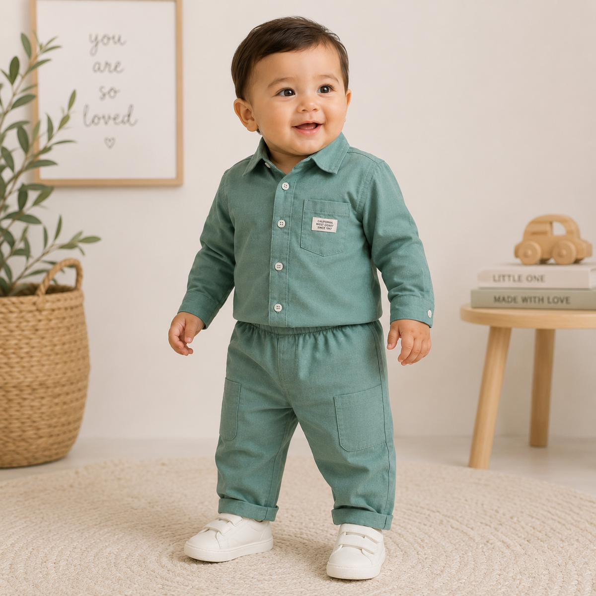 Toffy House toddler boy wearing green collared shirt and matching pants co ord outfit
