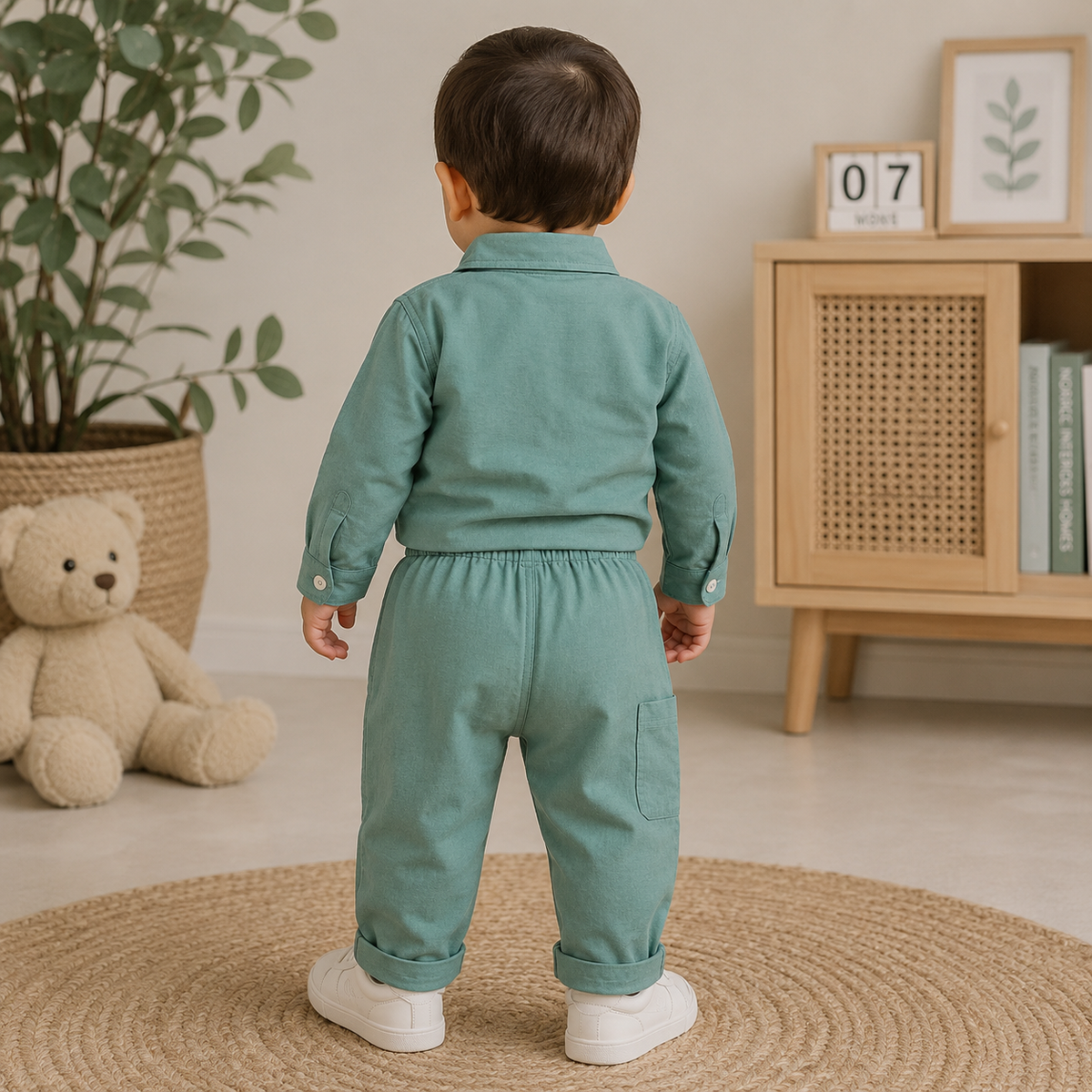 Toffy House green boys co ord set back view showing shirt and matching pants