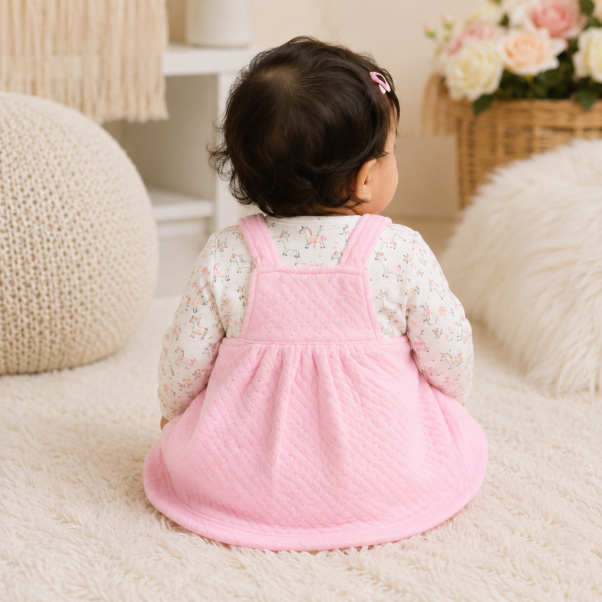 TOFFY HOUSE baby girl wearing pink quilted unicorn dress set back view