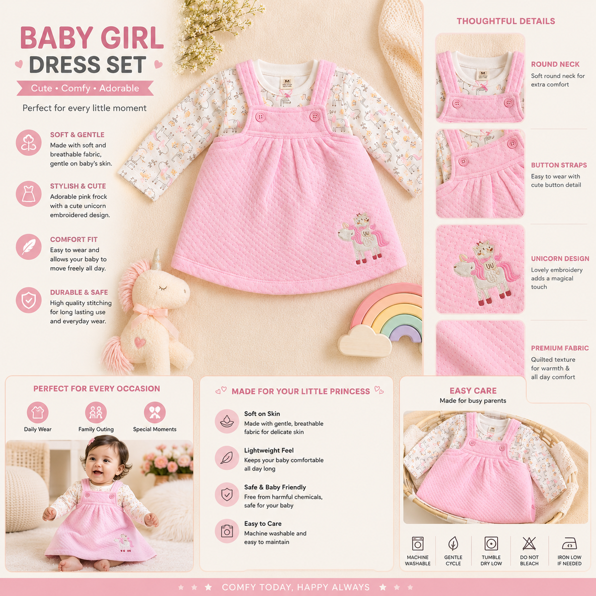TOFFY HOUSE baby girl pink unicorn dress set product infographic