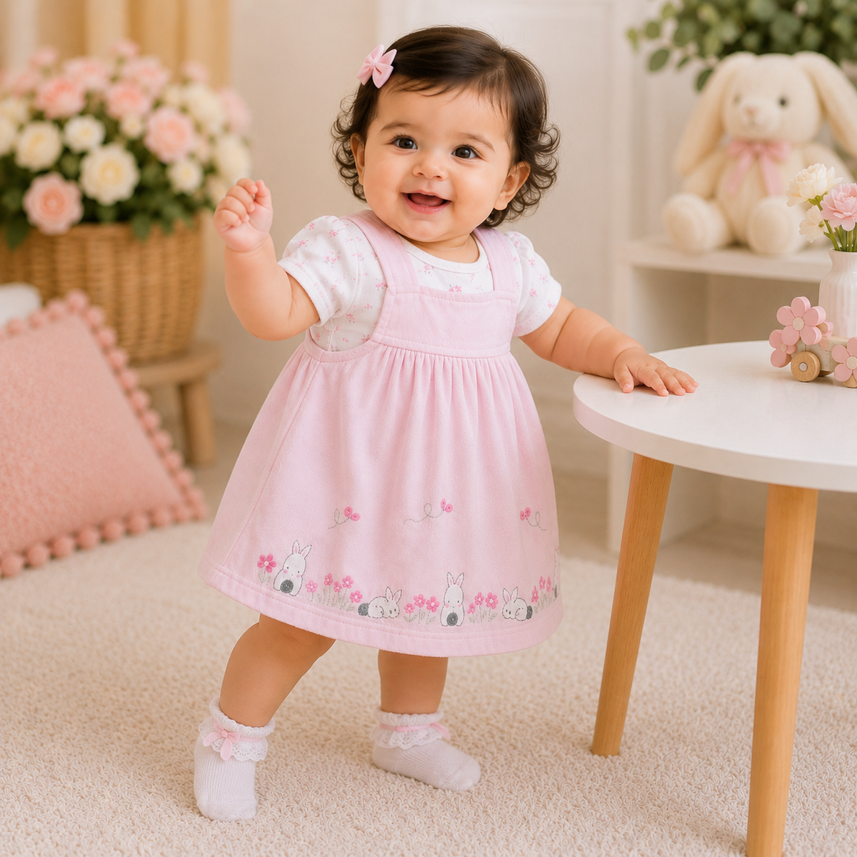 TOFFY HOUSE baby girl wearing pink bunny and floral embroidered frock set front view