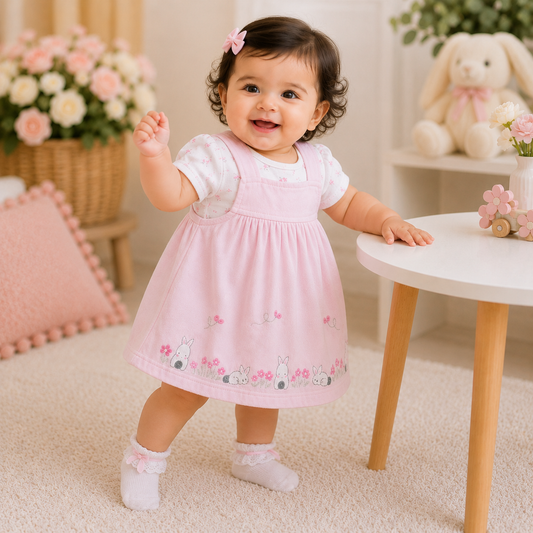 TOFFY HOUSE baby girl wearing pink bunny and floral embroidered frock set front view