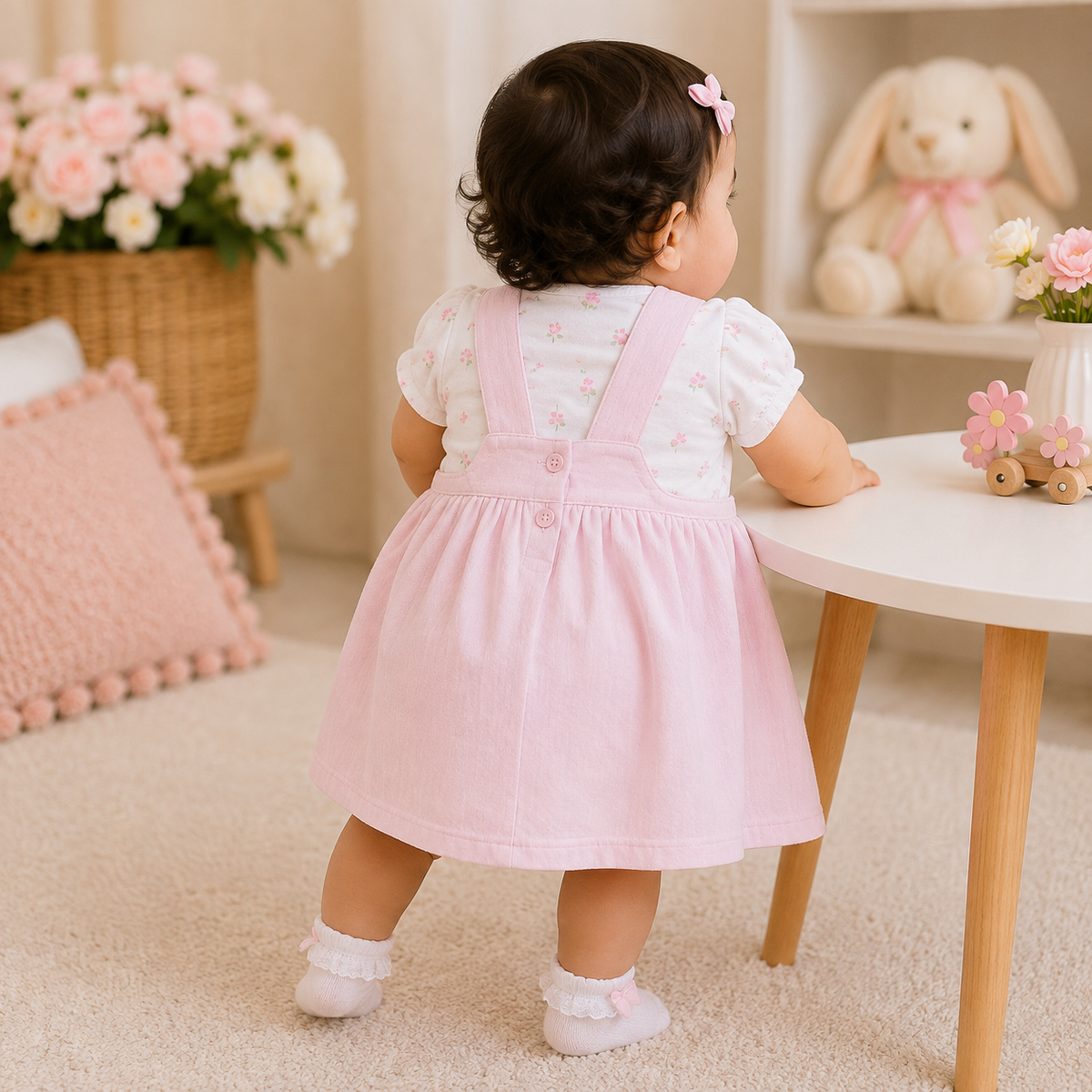 TOFFY HOUSE baby girl wearing pink bunny garden frock set back view