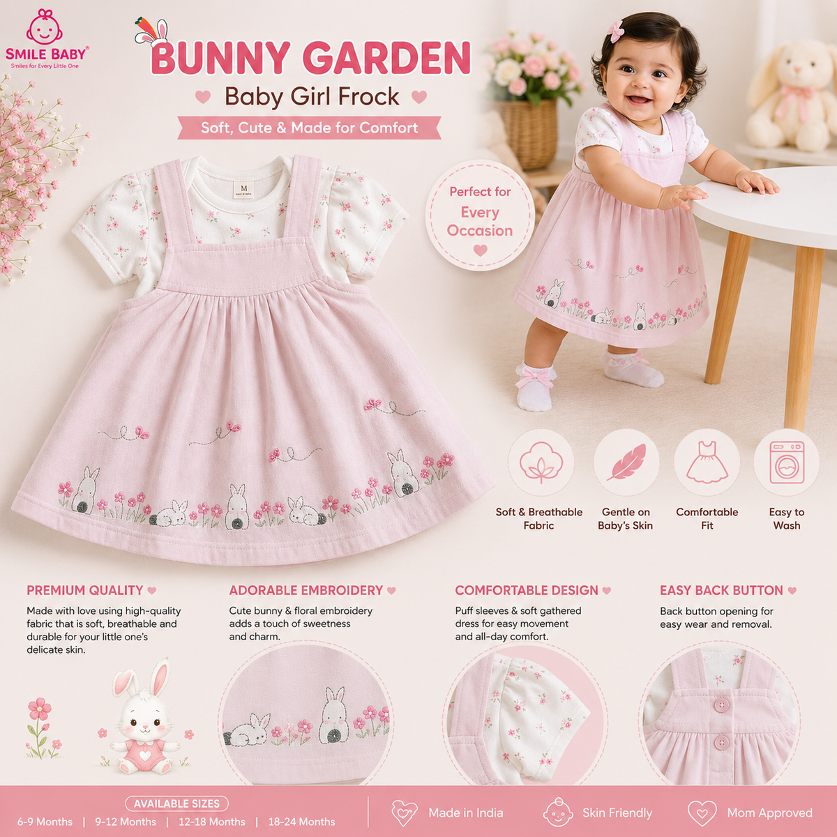 TOFFY HOUSE baby girl pink bunny garden frock set product infographic