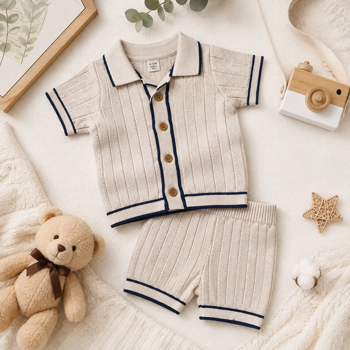 Toffy House white grey knitted polo shirt and matching shorts baby boy outfit flat lay