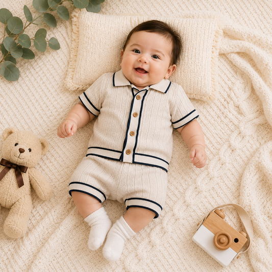 Toffy House baby boy wearing white grey knitted polo shirt and matching shorts