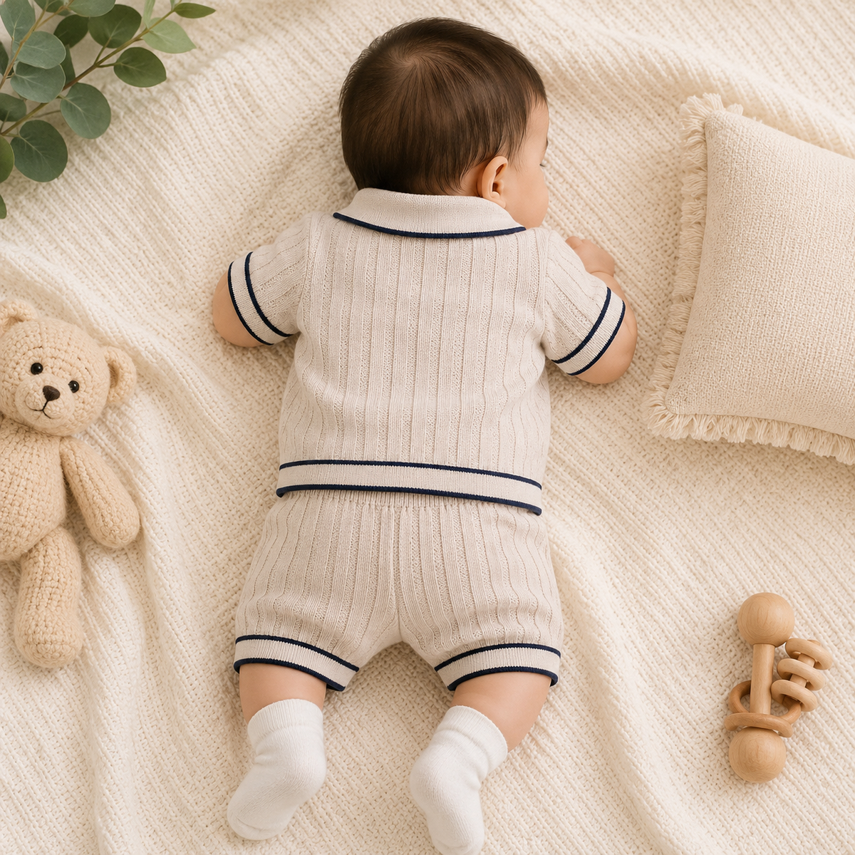 Toffy House baby boy knitted polo shorts set back view in white and grey