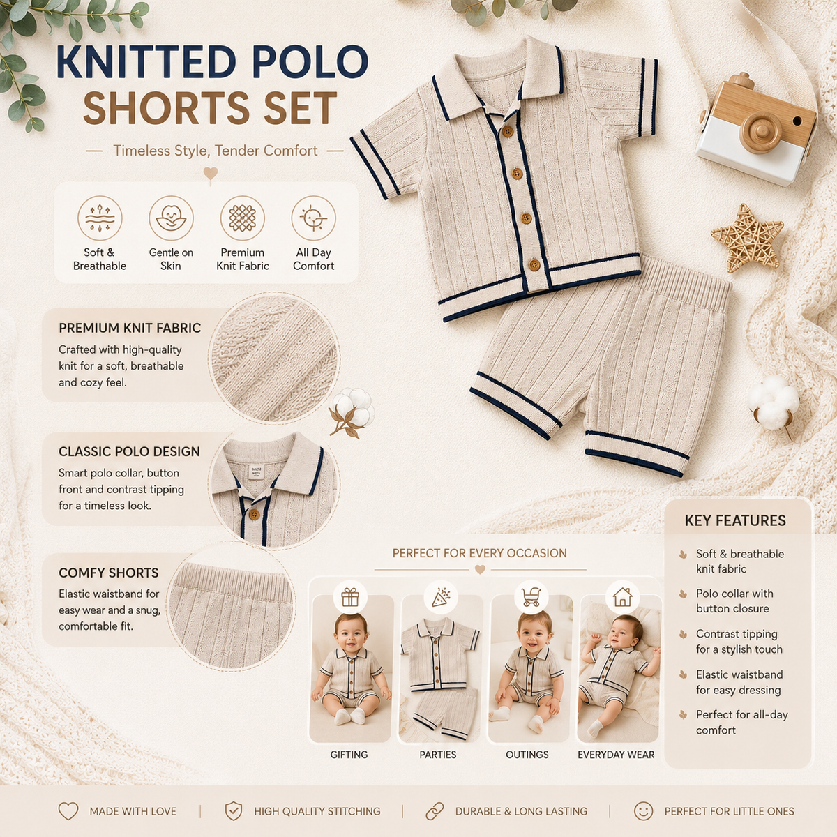 Toffy House baby boy white grey knitted polo shorts set with premium knit fabric and classic polo design