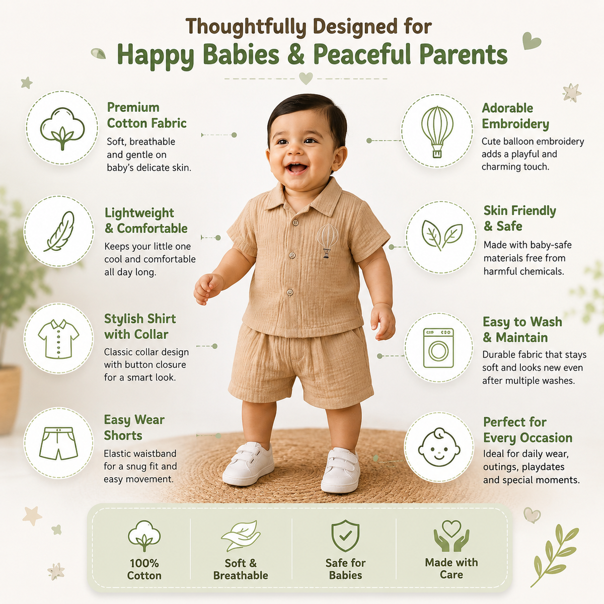 Smile Baby muslin baby boy co-ord set features infographic showing breathable fabric, comfortable shirt, matching shorts and everyday wear