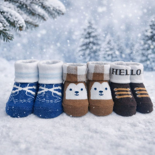 Baby Boys Winter Socks Pack of 3 | Soft & Warm Newborn Socks with Cute Prints | Infant Socks for Boys (0–12 Months)
