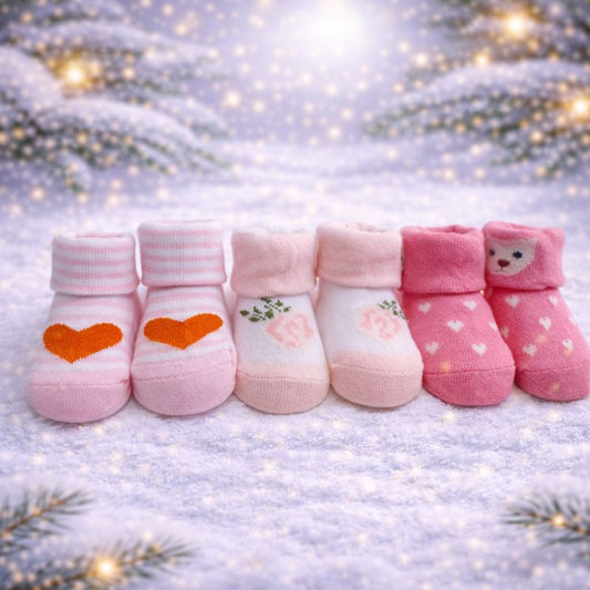Baby Girl Cotton Socks Set | Soft & Warm Winter Socks | Cute Heart & Bear Designs | 0–12 Months | Pack of 3 Pairs