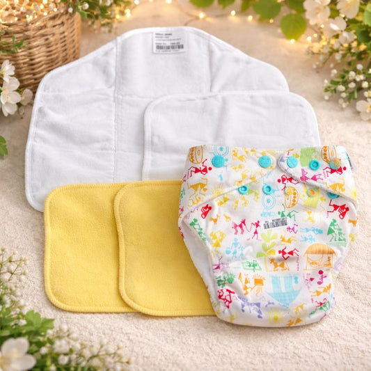 SuperBottoms Reusable Cloth Diaper – warli Art Print | Adjustable, Leak-Proof & Washable Baby Diaper with Inserts