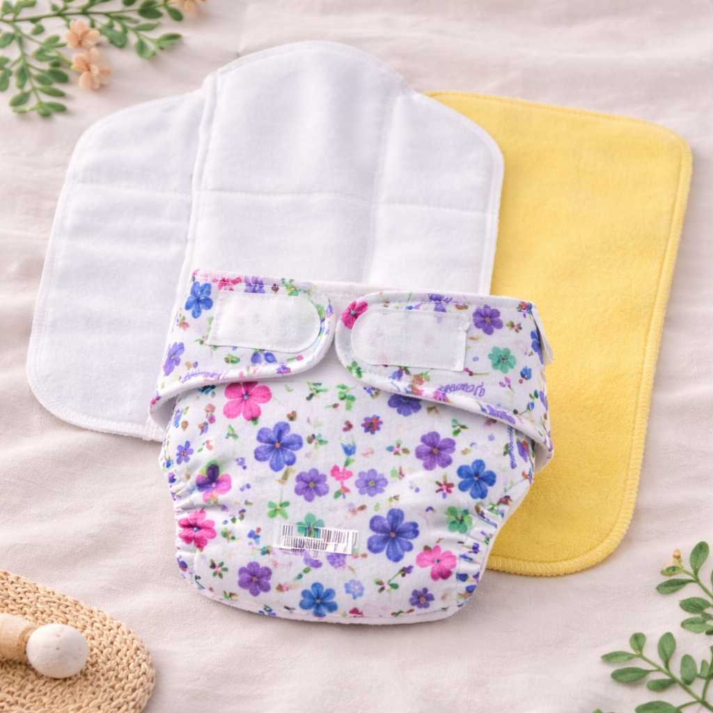 SUPER BOTTOMS Reusable Cloth Diaper – Periwinkle Floral Print Soft & Washable Baby Nappy with Absorbent Inserts