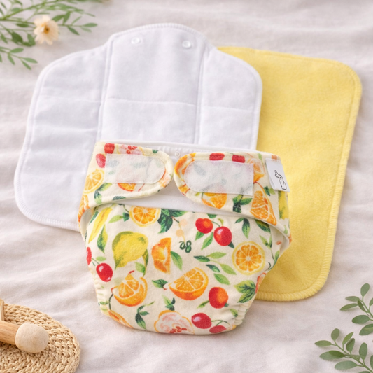 SUPER BOTTOMS Reusable Cloth Diaper – Fruit & Citrus Print Soft Washable Baby Nappy with Absorbent Inserts