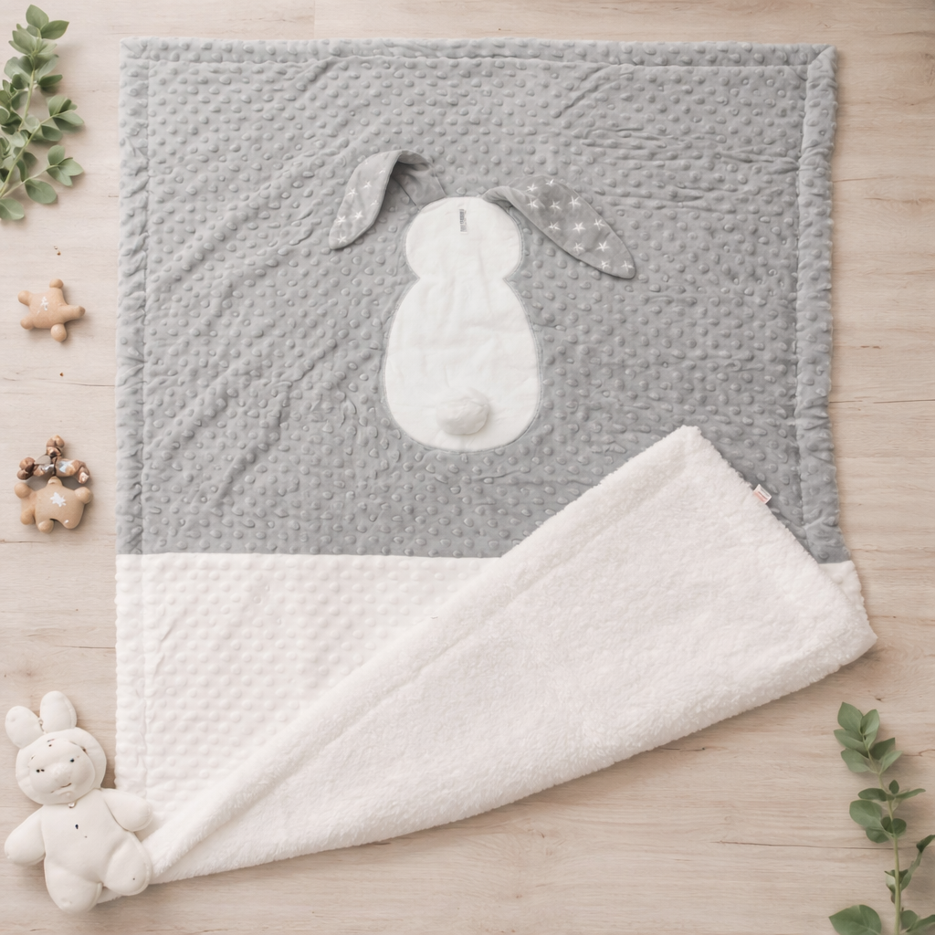 Soft Bunny Baby Blanket for Newborns – Cozy Grey & White Minky Blanket for Cradle & Sleep