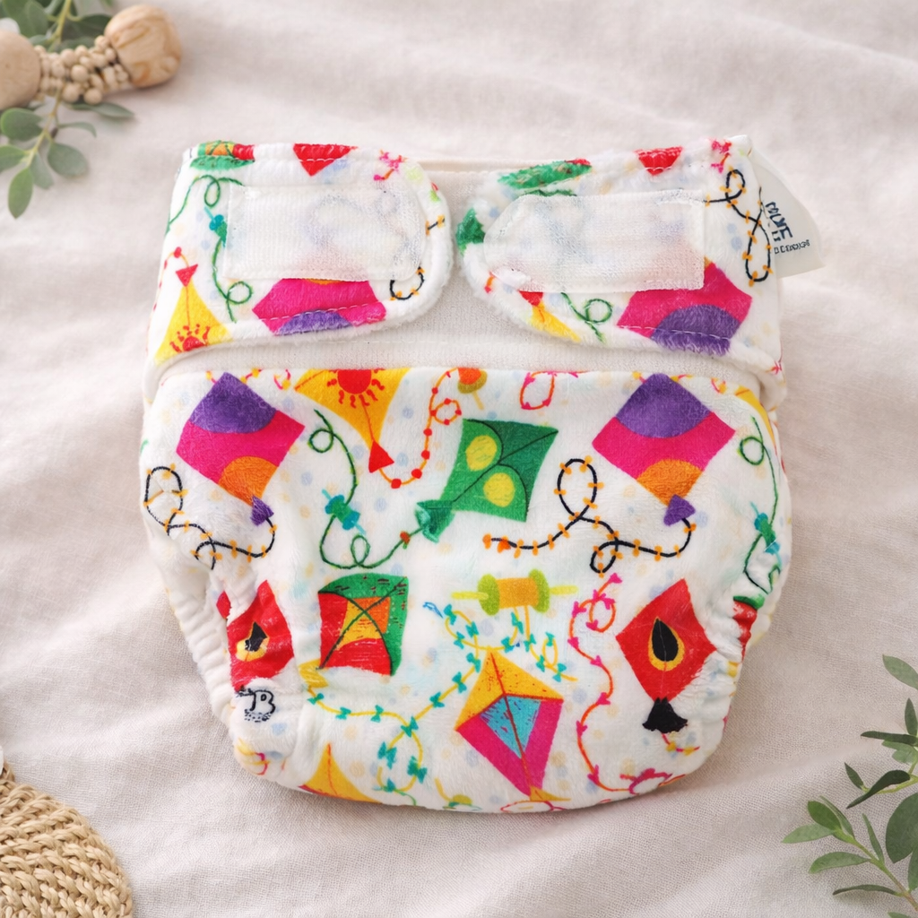 SUPER BOTTOMS Reusable Cloth Diaper with Absorbent Inserts – Kite Print Soft Washable Nappy for Babies