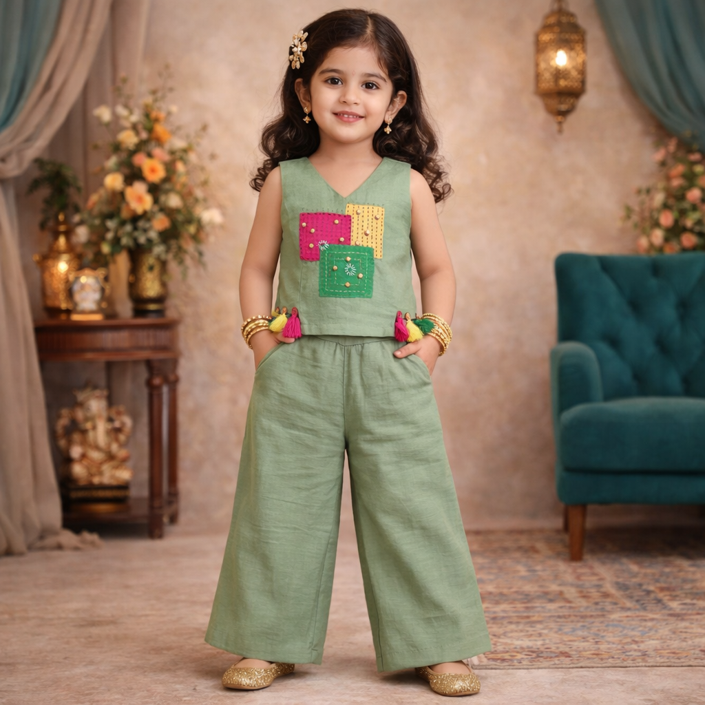 LEO N BABES Girls Ethnic Co-Ord Set (18 Months – 12 Years) – Sleeveless Kurti Top with Palazzo Pants, Festive Wear