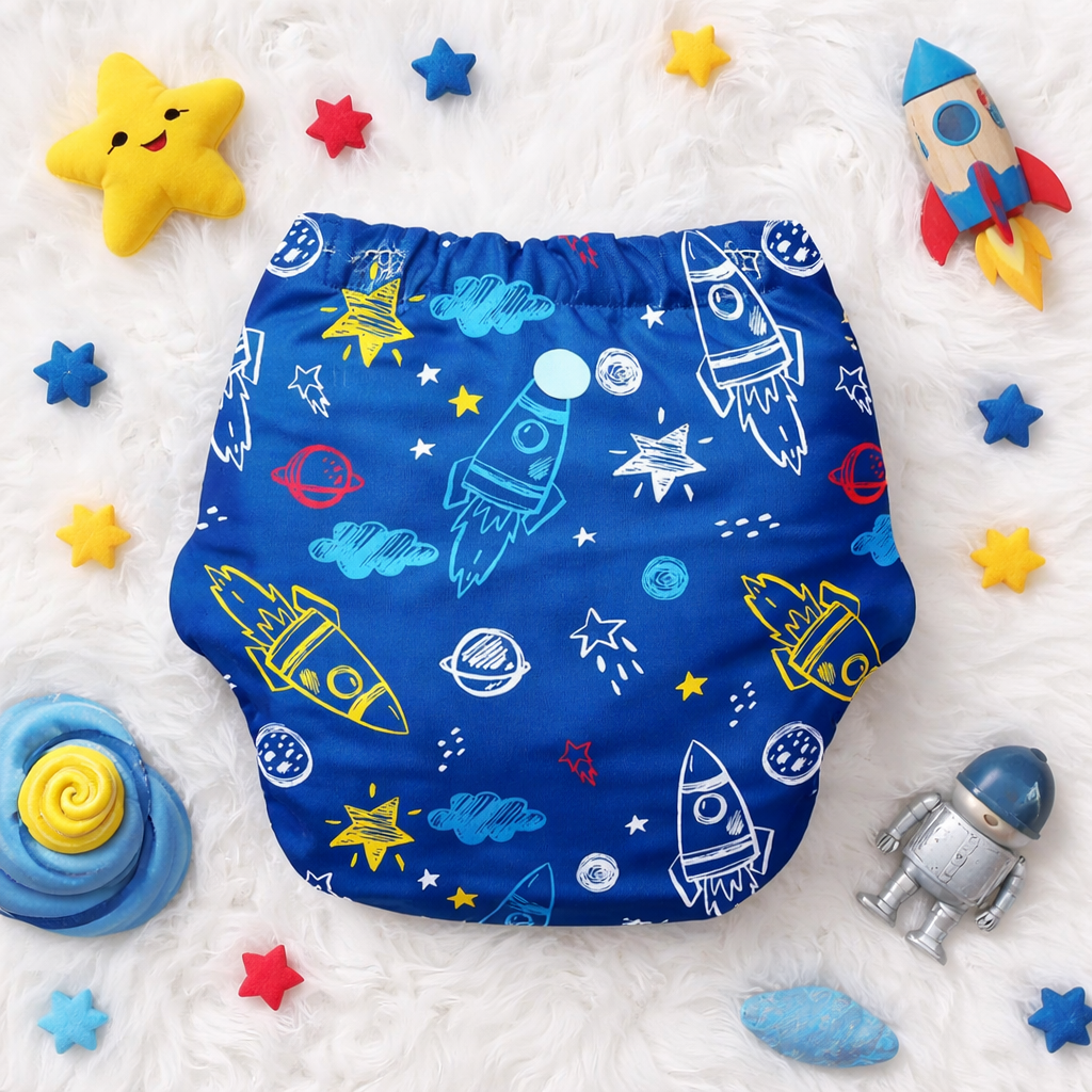 BASIC Reusable Cloth Diaper with Soft Absorbent Inserts | Space Rocket Print | Adjustable & Washable Baby Diaper