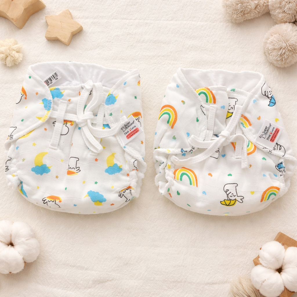 SUPER BOTTOMS New Born Langot (0–12 Months) – Soft Cotton Reusable Baby Cloth Langot with Adjustable Tie-Up, Cute Prints (Pack of 2)