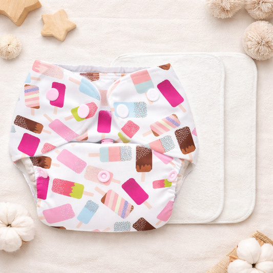 SUPER BOTTOMS Newborn Cloth Diaper – Soft Cotton, Adjustable White Buttons, Ice Cream Print (Reusable)