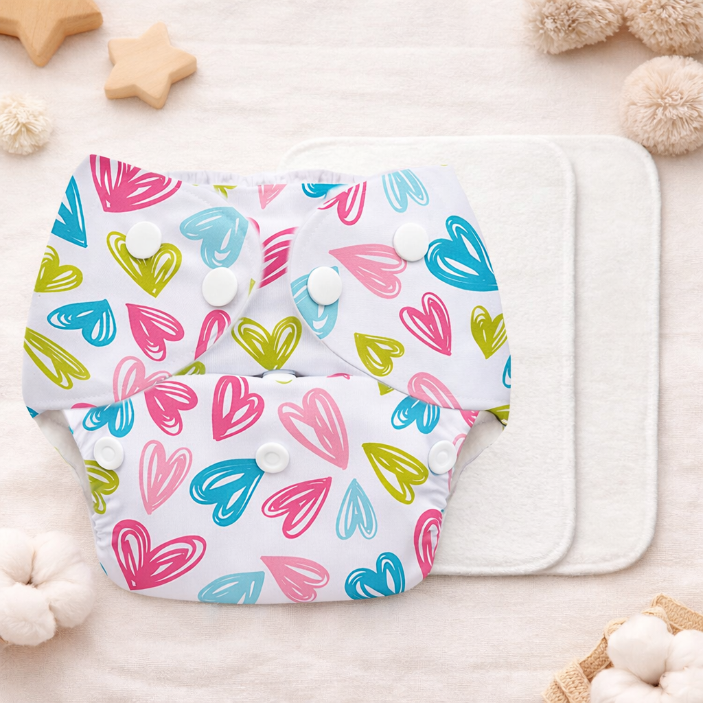 Super Bottoms Basic Reusable Cloth Diaper Hearts Print- Multicolor