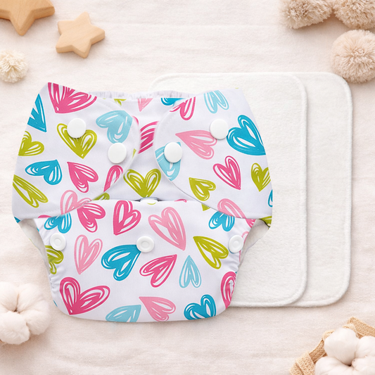 Super Bottoms Basic Reusable Cloth Diaper Hearts Print- Multicolor