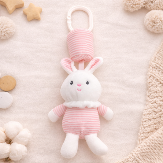 Baby Hanging Rattle Toy with Clip – Soft Bunny Cradle Toy with Gentle Bell Sound for Newborns & Infants