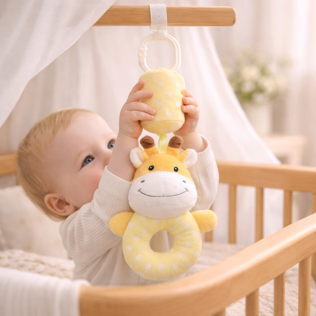 Baby Hanging Giraffe Rattle Toy for Cradle & Stroller | Soft Plush Ringing Toy with Clip | Newborn to Infant (0–12 Months)