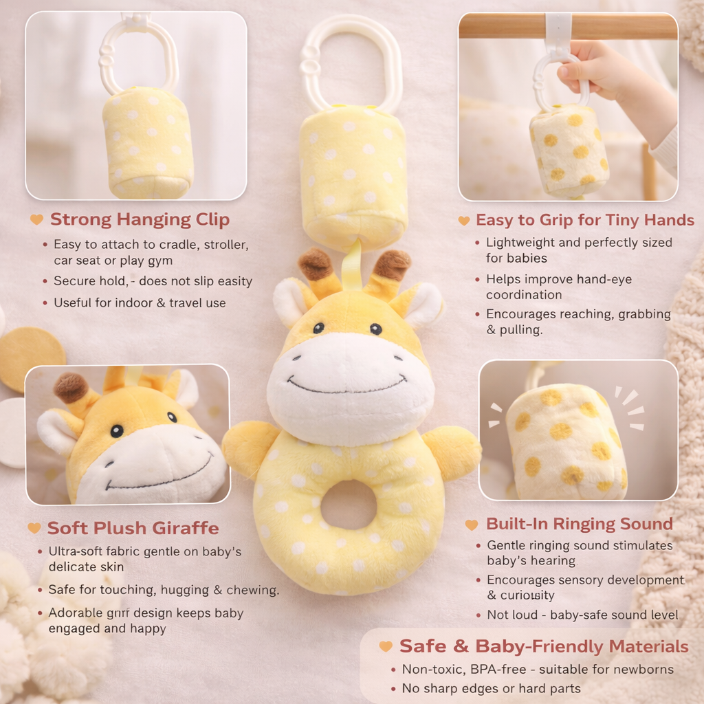 Baby Hanging Giraffe Rattle Toy for Cradle & Stroller | Soft Plush Ringing Toy with Clip | Newborn to Infant (0–12 Months)