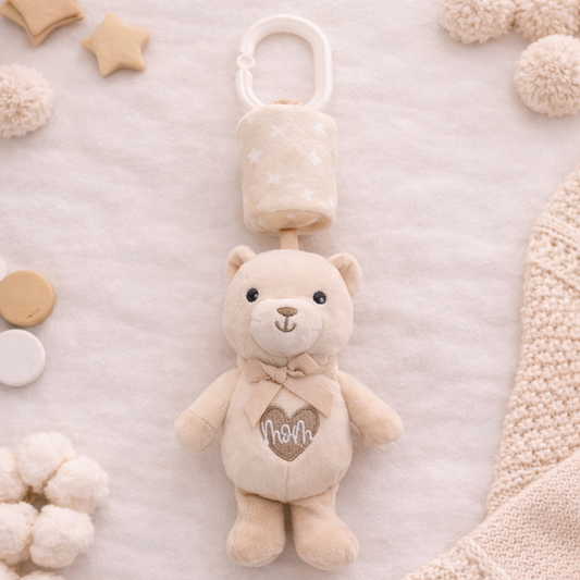 Plush Teddy Bear Musical Hanging Toy for Baby Crib – Soft Lullaby Nursery Toy (Beige)