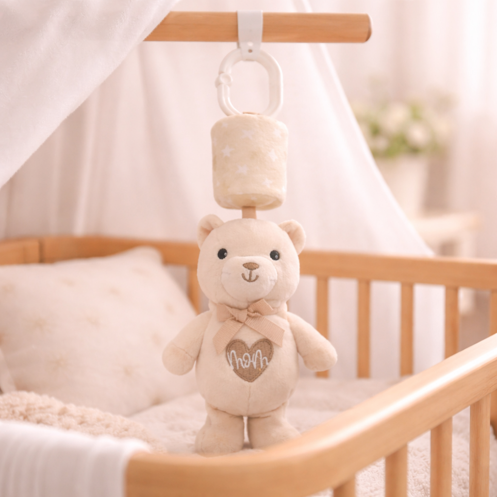 Plush Teddy Bear Musical Hanging Toy for Baby Crib – Soft Lullaby Nursery Toy (Beige)