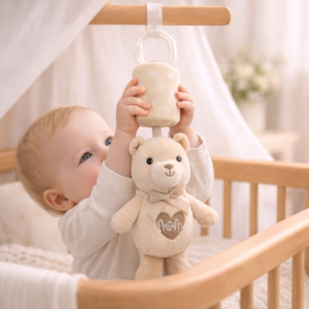 Plush Teddy Bear Musical Hanging Toy for Baby Crib – Soft Lullaby Nursery Toy (Beige)
