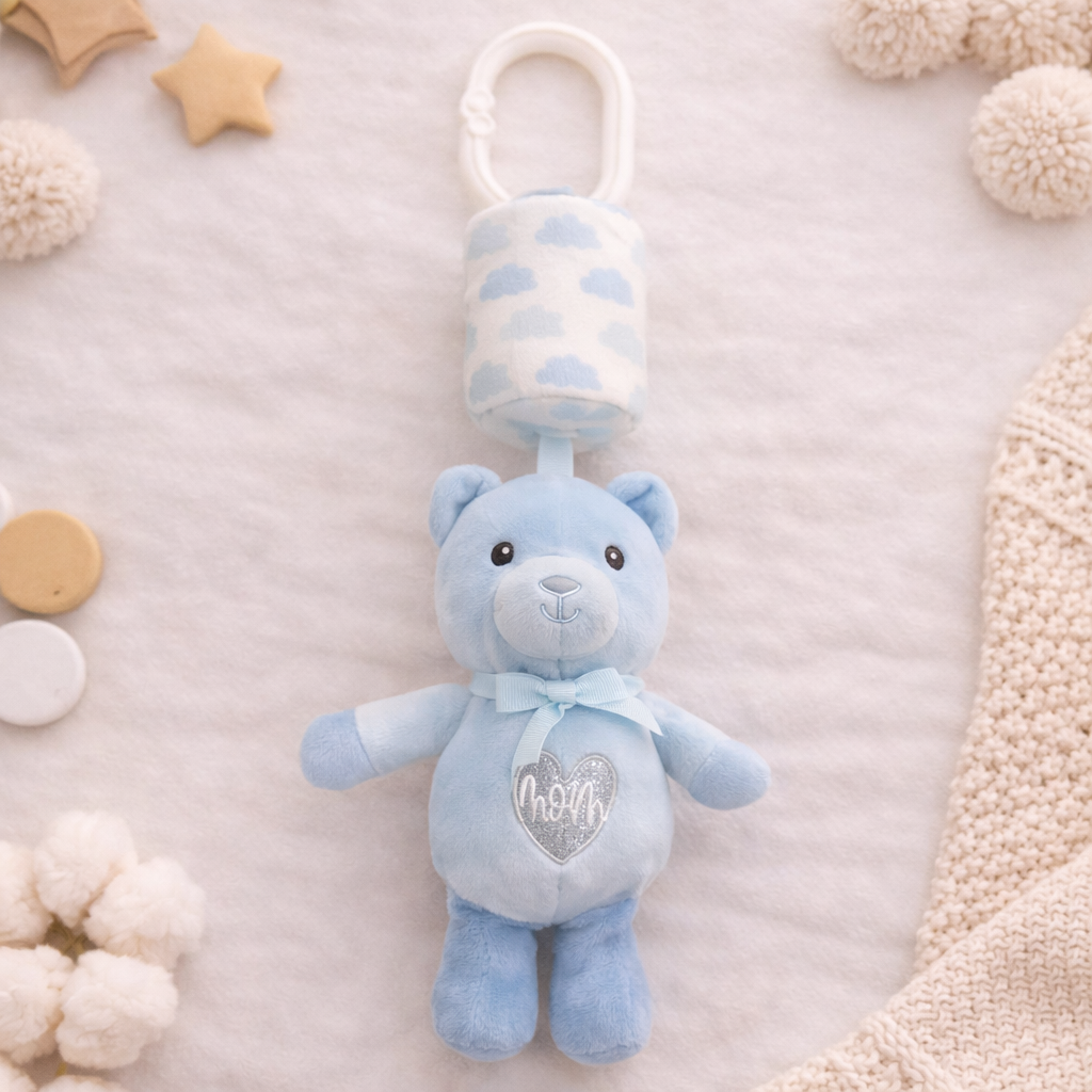 Plush Teddy Bear Musical Hanging Toy for Baby Crib – Soft Lullaby Nursery Toy (Blue)