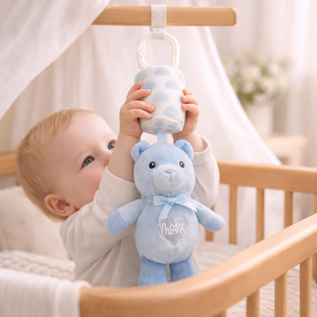 Plush Teddy Bear Musical Hanging Toy for Baby Crib – Soft Lullaby Nursery Toy (Blue)