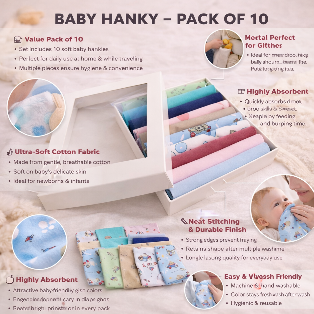 BABIANO Baby Cotton Napkins / Hankies (Pack of 10) – Soft, Absorbent & Skin-Friendly for Newborns and Babies
