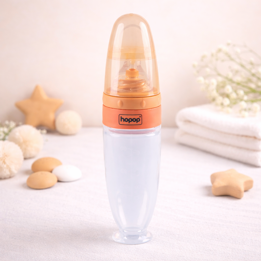 Hopop Baby Spoon Food Feeder | Soft Squeezy Silicone Tip Spoon Food Feeder for Feeding Semi Solids | Spoon Feeder with Protective Cap for Babies 4 to 12 Months | BPA Free | 90 ml | Orange