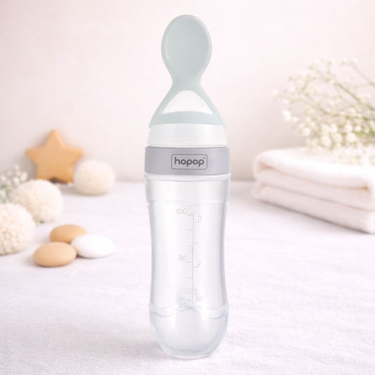 Hopop Baby Spoon Food Feeder | Soft Squeezy Silicone Tip Spoon Food Feeder for Feeding Semi Solids | Spoon Feeder with Protective Cap for Babies 4 to 12 Months | BPA Free | color options : Blue & GREEN