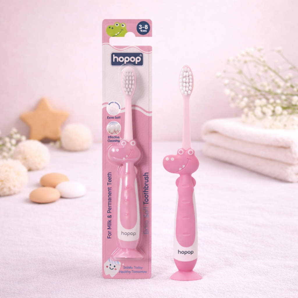 Hopop Kids Manual Toothbrush for 3–8 Years | Extra Soft Bristles for Milk & Permanent Teeth | BPA-Free | Gentle Oral Care with Suction Base & Easy Grip Handle | colors availebal PINK , Blue & Green