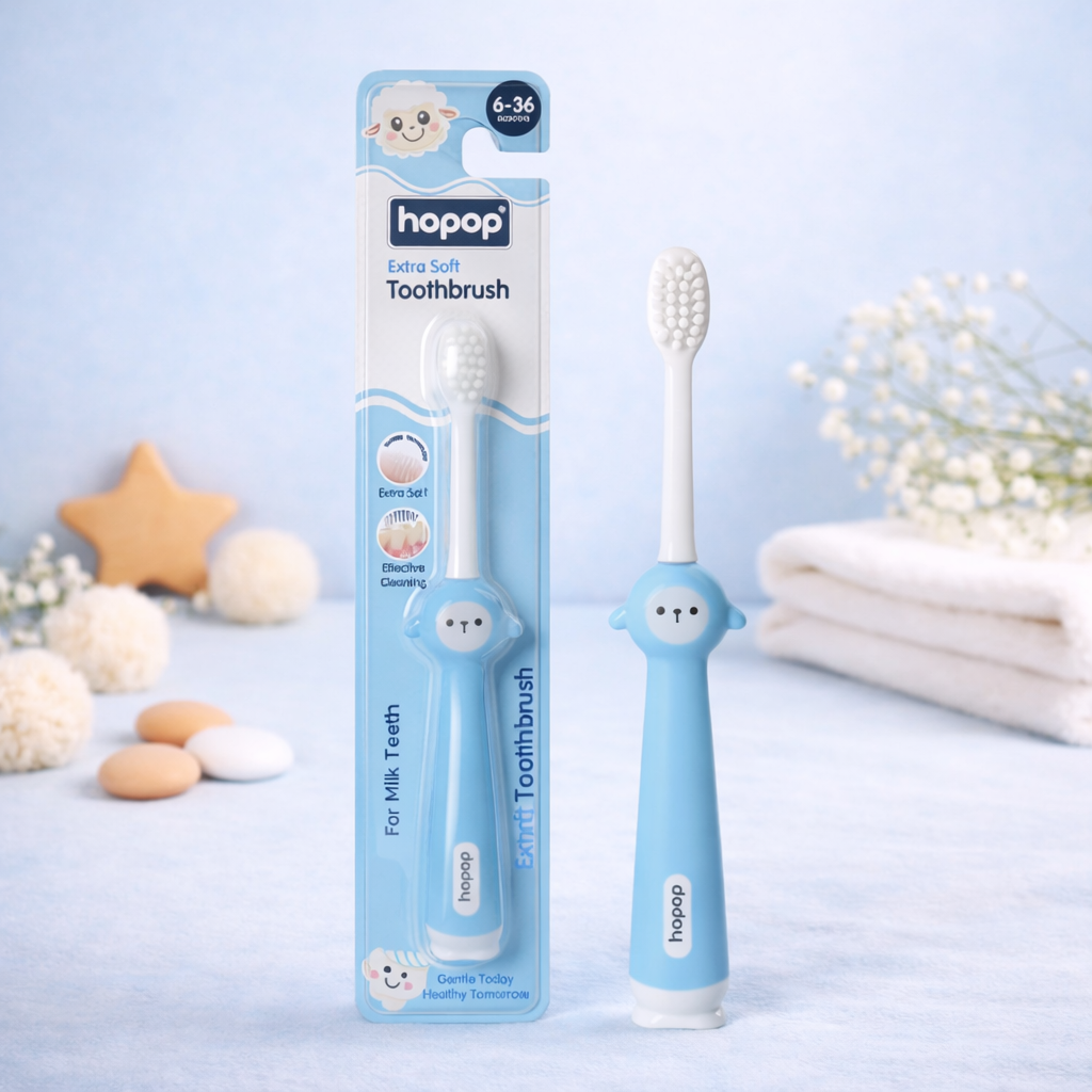 Hopop Baby Manual Toothbrush 6–36 Months | Extra Soft Tapered Bristles | BPA-Free | Milk Teeth Gum Care | Toddler Training Toothbrush | color avilebal PINK , BLUE & YELLOW