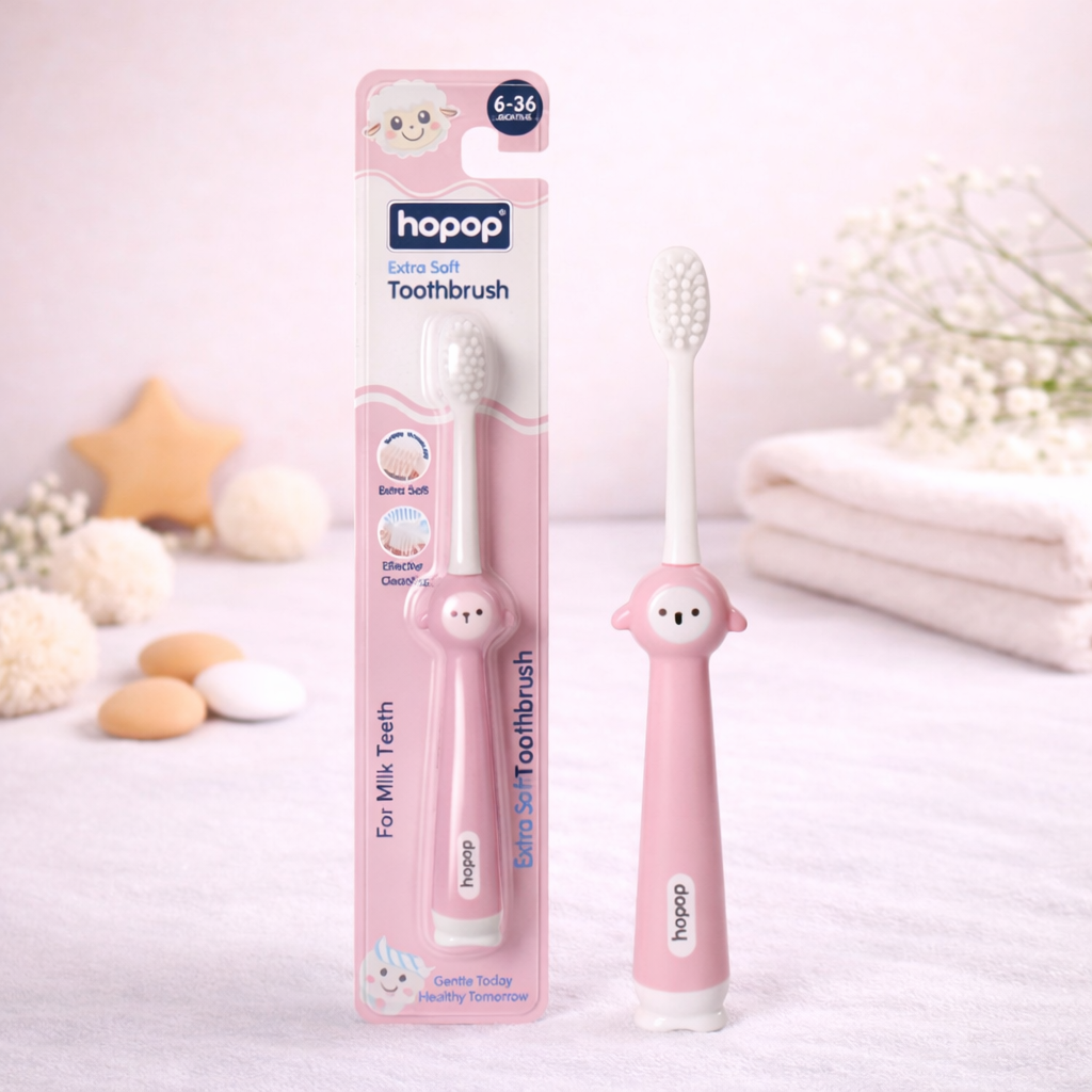 Hopop Baby Manual Toothbrush 6–36 Months | Extra Soft Tapered Bristles | BPA-Free | Milk Teeth Gum Care | Toddler Training Toothbrush | color avilebal PINK , BLUE & YELLOW
