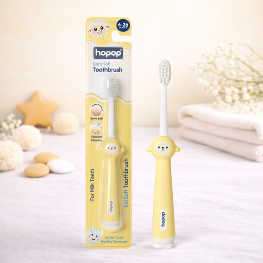 Hopop Baby Manual Toothbrush 6–36 Months | Extra Soft Tapered Bristles | BPA-Free | Milk Teeth Gum Care | Toddler Training Toothbrush | color avilebal PINK , BLUE & YELLOW