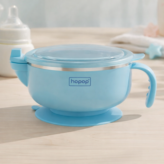 Hopop Baby Feeding Bowl with Lid, Handle & Suction Base | Stainless Steel Inner | BPA-Free Baby Food Bowl (Blue, Pink & Green)