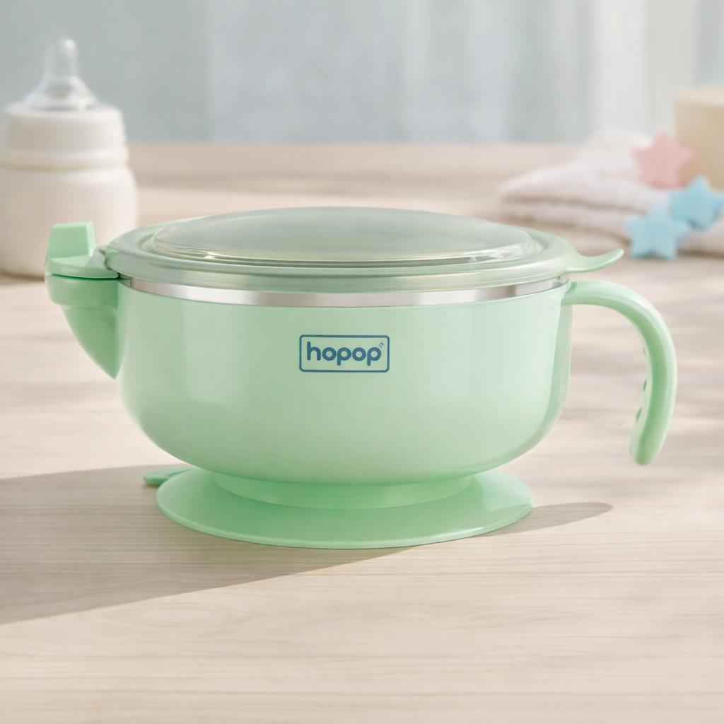 Hopop Baby Feeding Bowl with Lid, Handle & Suction Base | Stainless Steel Inner | BPA-Free Baby Food Bowl (Blue, Pink & Green)