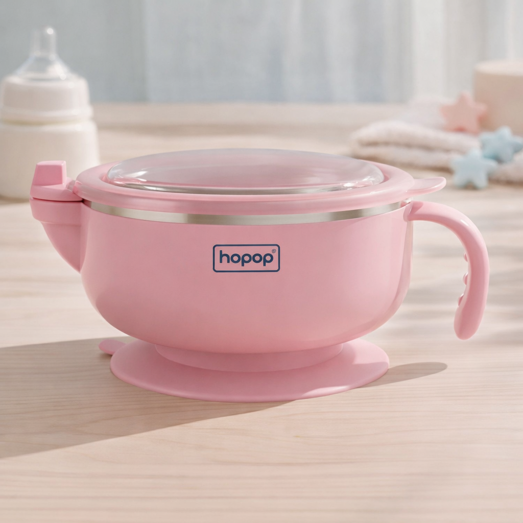 Hopop Baby Feeding Bowl with Lid, Handle & Suction Base | Stainless Steel Inner | BPA-Free Baby Food Bowl (Blue, Pink & Green)