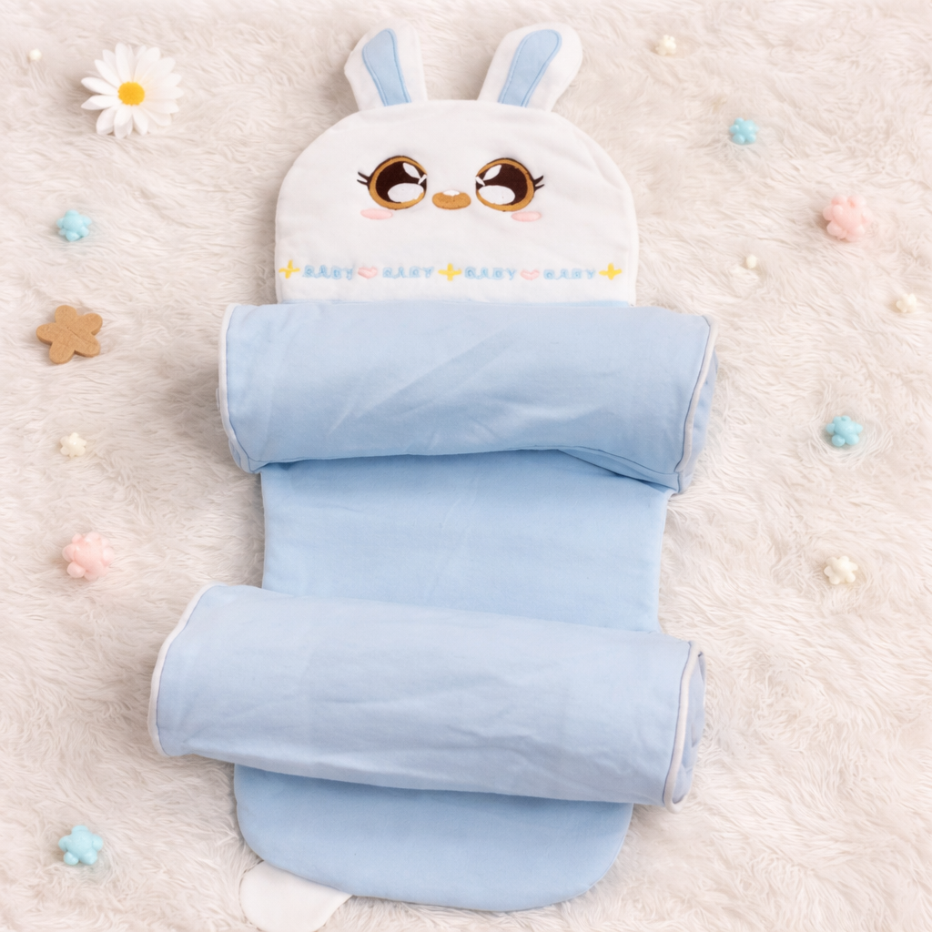 Smile Baby , Baby Head Shaping Pillow with Bunny Design – Soft Newborn Support Cushion (Blue)